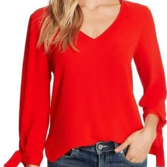 CeCe Flowy Long Sleeve Bow Tie-Cuff V-Neck Blouse in Candy Apple Red - NWT - Picture 1 of 17